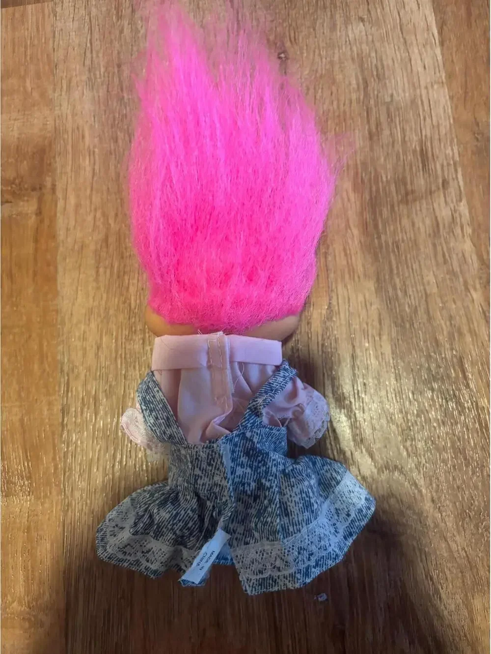 Troll Doll Vintage Girl Troll Pink Hair in Long Denim Dress Pink Shirt 5” EUC